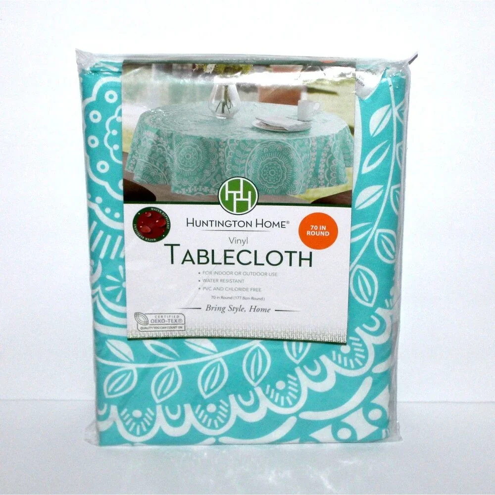 Huntington Home Vinyl Tablecloth 70” Round white blue aqua NEW spring summer